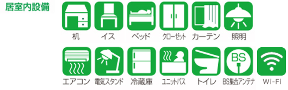 居室内設備…机、イス、IP電話、ベッド、クローゼット、カーテン、照明、エアコン、電気スタンド、冷蔵庫、ユニットバス、トイレ、BS集合アンテナ